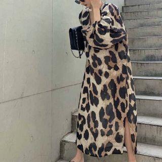 Long-sleeve Leopard Print Midi A-line Dress Black & White - One Size