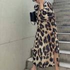 Long-sleeve Leopard Print Midi A-line Dress Black & White - One Size