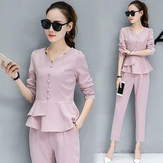 Set: V-neck Long-sleeve Top + Cropped Dress Pants