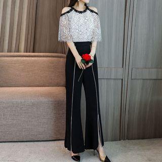 Elbow-sleeve Cold Shoulder Lace Paneled Wide-leg Jumpsuit