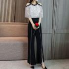 Elbow-sleeve Cold Shoulder Lace Paneled Wide-leg Jumpsuit
