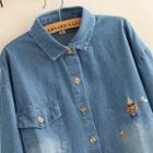 Bear Embroidered Denim Shirt As Shown In Figure - One Size