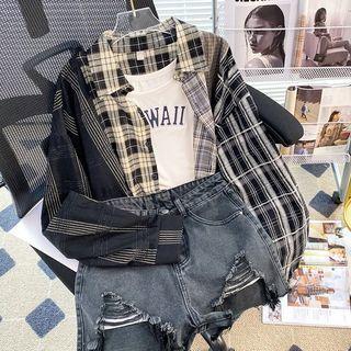 Long-sleeve Pattern Loose-fit Shirt / Lettering Tank Top / Distressed Denim Hot Pants