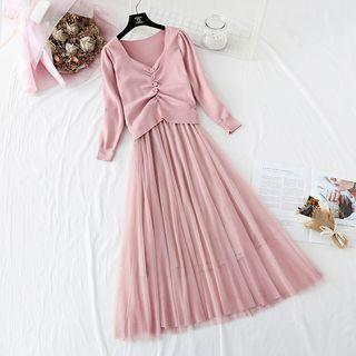 Set: Buttoned Long-sleeve Knit Top + Mesh Slipdress