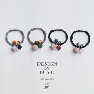Pompom Wooden Bead Hair Tie