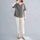 Set: Striped Short-sleeve Blouse + Cropped Straight-fit Pants