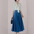 Set: Elbow-sleeve Tie-neck Blouse + Denim Midi A-line Skirt