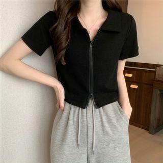 Short-sleeve Lapel Zip-up T-shirt