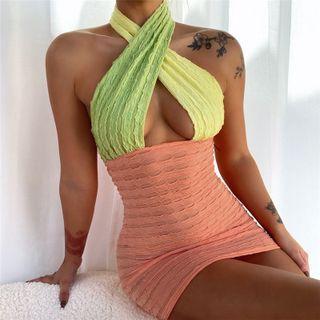 Halter Color Block Sheath Dress