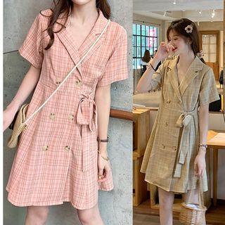 Short-sleeve Plaid Double Breasted Dress