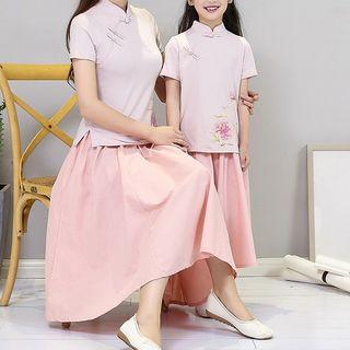 Family Matching Set: Short-sleeve Embroidered Top + A-line Midi Skirt