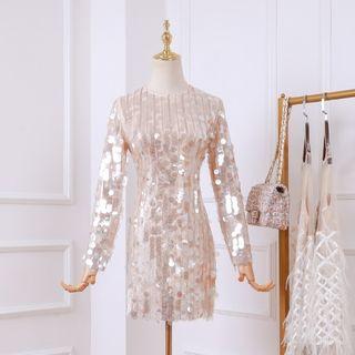 Sequined Long-sleeve Mini Sheath Dress