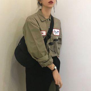 Embroidered Long-sleeve Blouse Army Green - One Size