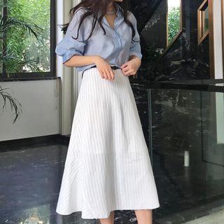 Elbow-sleeve Plain Shirt / Pinstriped A-line Midi Skirt