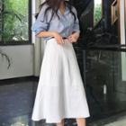 Elbow-sleeve Plain Shirt / Pinstriped A-line Midi Skirt
