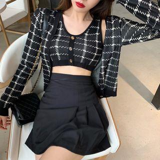Set: Plaid Cropped Knit Tank Top + Open-front Cropped Cardigan