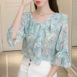 Elbow-sleeve Ruffle-trim Print Blouse