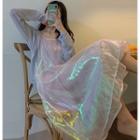 Iridescent Spaghetti-strap Dress / Knitted Light Jacket