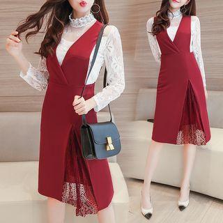 Set : Patterned Short-sleeve Top + Wide Leg Pants + Camisole