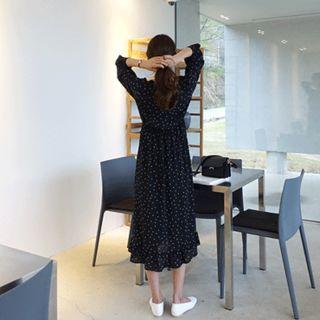 V-neck Long-sleeve Dotted Long Shirtdress