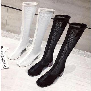 Block Heel Mesh Knee-high Boots