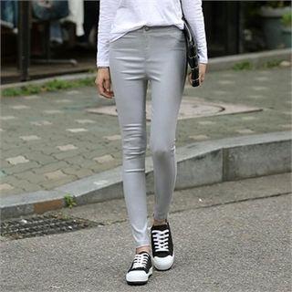 Cutout-hem Coated Skinny Pants