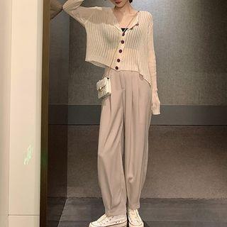 Buttoned Long Sleeve Crop Top / Wide Leg Pants