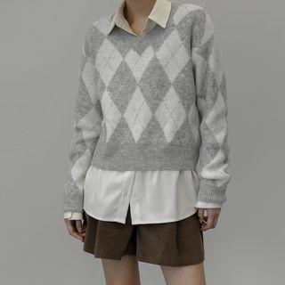 V-neck Fluffy Argyle Sweater Melange Gray - One Size