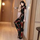 Printed Short-sleeve Wide-leg Chiffon Jumpsuit