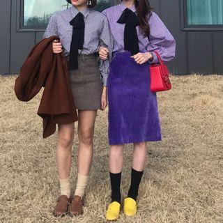 Bow Plaid Long-sleeve Blouse / Mini Skirt