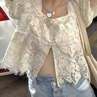 Short-sleeve Front-slit Lace Blouse / Plaid Blouse