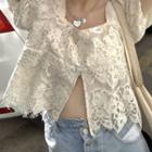 Short-sleeve Front-slit Lace Blouse / Plaid Blouse