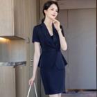 Short-sleeve Plain Blouse / Mini Pencil Skirt / Set