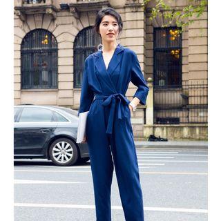 Long-sleeve Waist-tie Jumpsuit