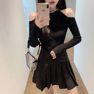 Cold Shoulder Chained Knit Top Black - One Size