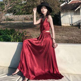 Spaghetti Strap V-neck Cutout-waist Maxi Dress