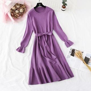 Tie-waist Ruffle Knit Midi Dress