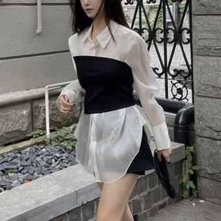 Set: Long-sleeve Two Tone Shirt + High-waist Plain Shorts