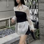 Set: Long-sleeve Two Tone Shirt + High-waist Plain Shorts