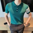 Short-sleeve Striped Trim Polo Knit Top