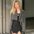 Sleeveless Plain Slit Mini Bodycon Dress / Long-sleeve Cropped Blazer