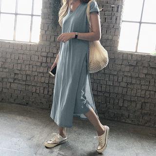 V-neck Cap-sleeve Long T-shirt Dress