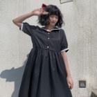 Sailor Collar Elbow-sleeve Midi A-line Dress Black - One Size