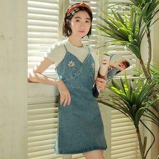 Flower Embroidered A-line Mini Denim Dress