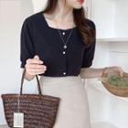Short-sleeve Square-neck Buttoned Blouse