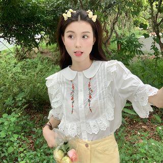 Flower Embroidered Blouse Floral - White - One Size