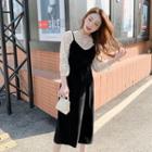 Set: Embroidered 3/4-sleeve Top + Velvet Spaghetti Strap Dress