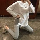 Long-sleeve Lettering Ripped T-shirt / Plain Leggings