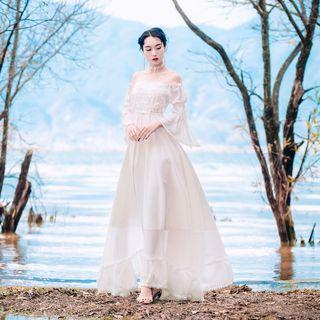 3/4-sleeve Off Shoulder A-line Maxi Lace Dress