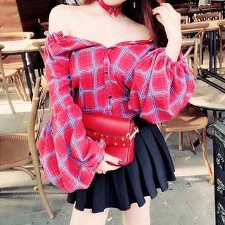 Check Off-shoulder Long-sleeve Blouse / Set: Check Off-shoulder Long-sleeve Blouse + Pleated Skirt